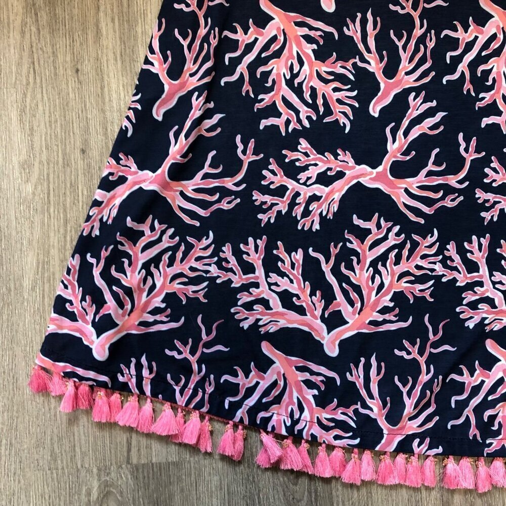 Simply Southern Women's Size XL Shift Dress Navy Blue Pink Coral Floral Fringe - Picture 5 of 10